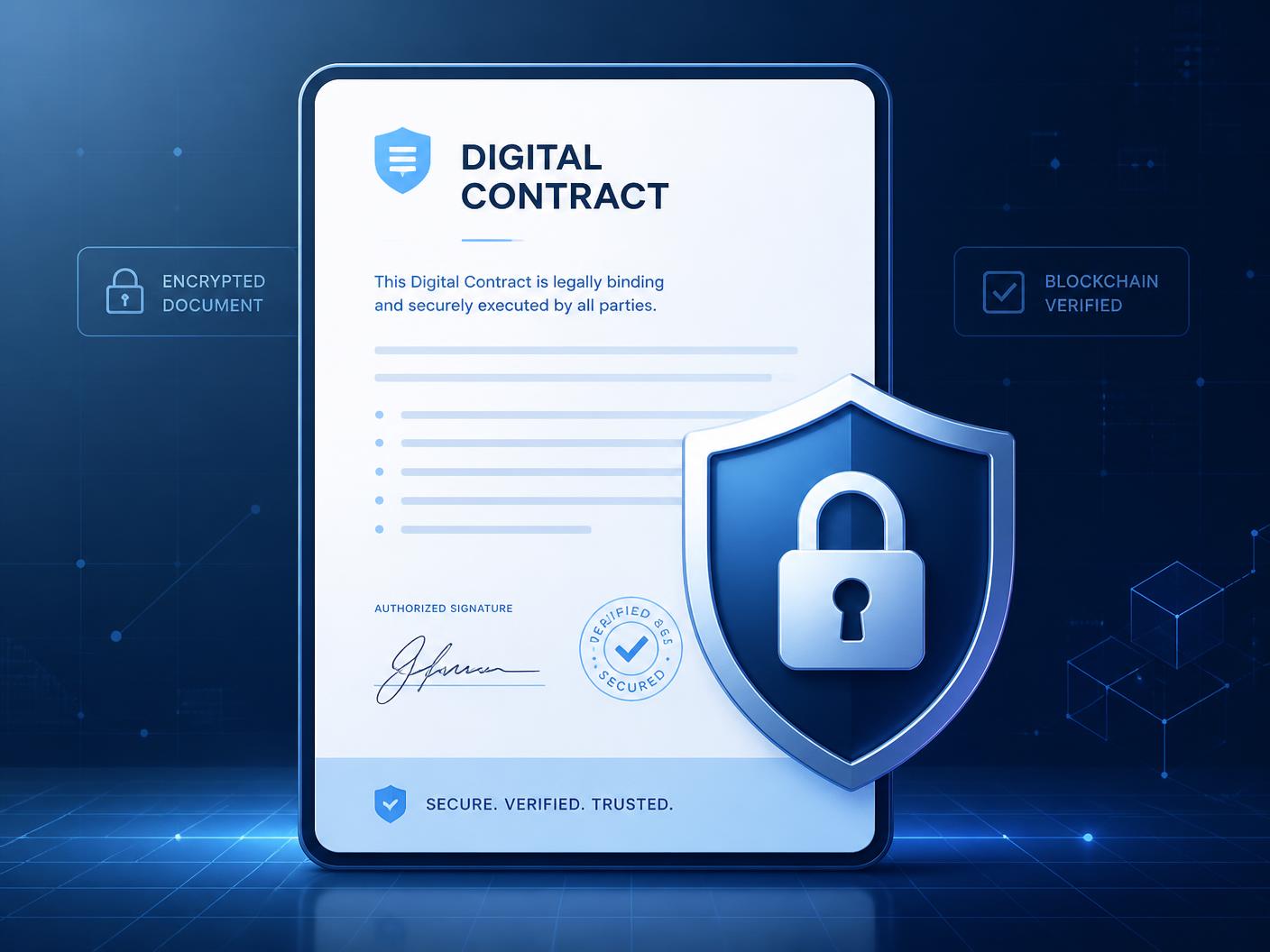 Digitaler Vertrag mit Schutzschild und Vorhängeschloss als Symbol für sichere und rechtssichere Kreditvermittlung