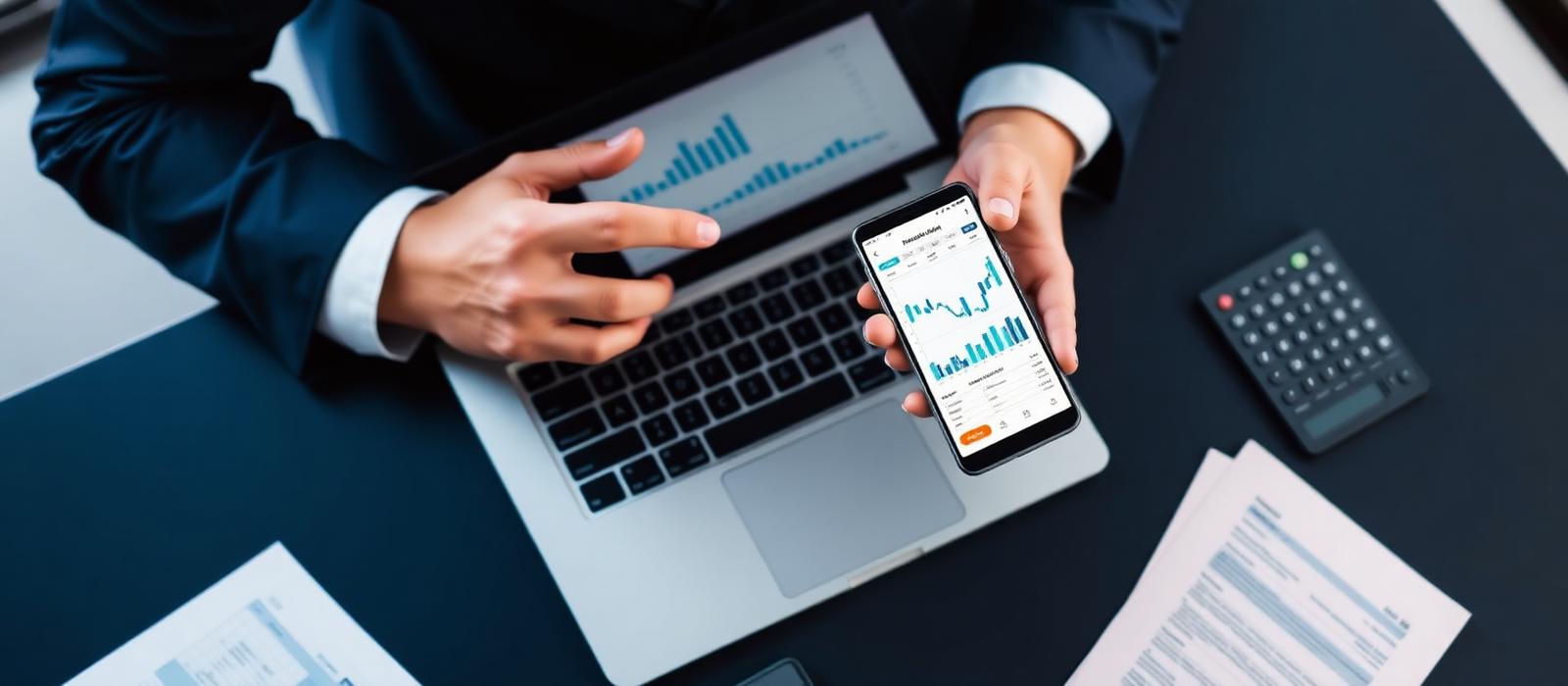 Client consultant une application bancaire et des documents de financement