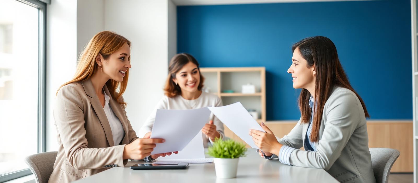 Conseillère expliquant un dossier de financement à des clients